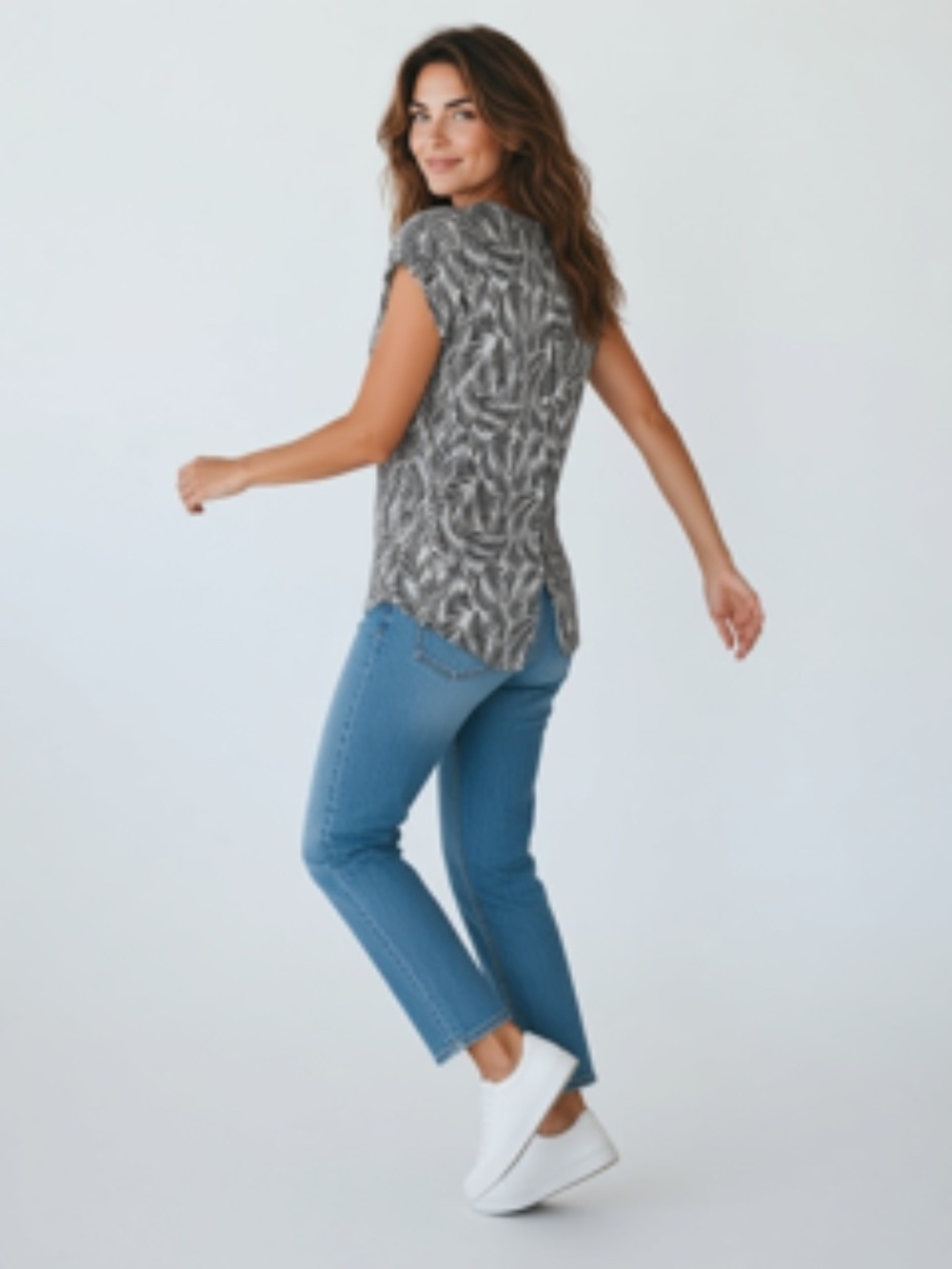 Tahariu 100% Linen Palm Leaf Print Cap Sleeve Button Back Top Size L